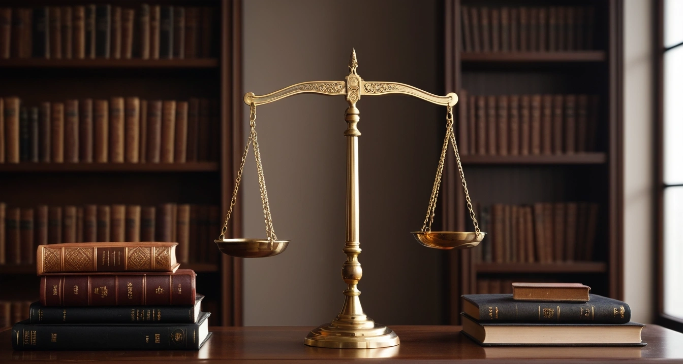 아파트 청약 - 청약 가점 계산기 활용과 무주택 기간 산정의 함정 (concept of Apartment subscription, a classic brass balance scale of justice next to leather-bound books, no people)