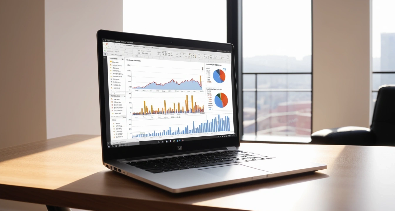 아파트 청약 - 하이엔드 아파트 자금 계획과 금융 지원 시스템 (concept of Apartment subscription, a sleek modern office desk, a glowing laptop screen displaying financial charts, no people)