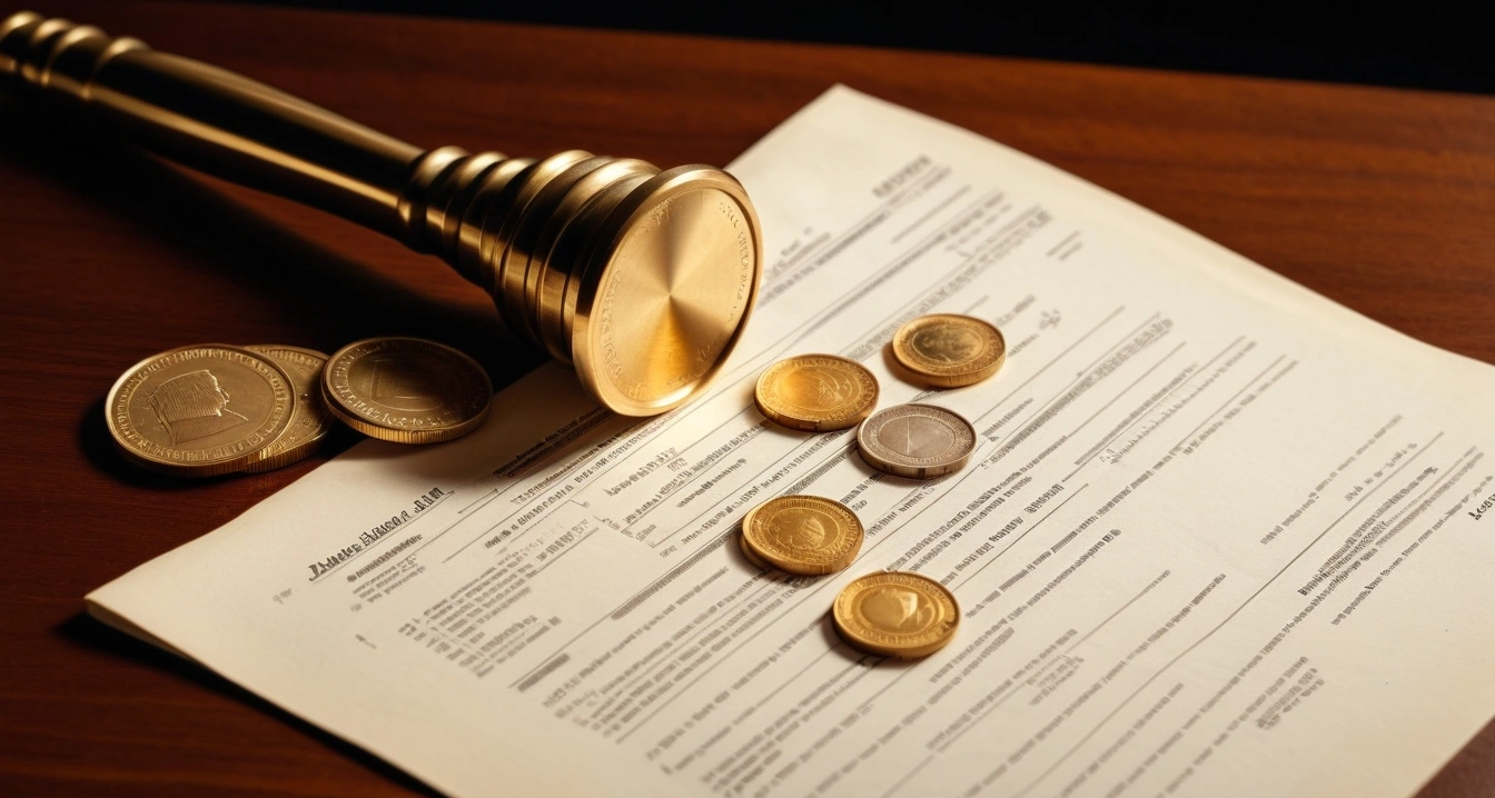 고배당주 - ISA 및 연금저축 계좌의 절세 응급처치 (concept of Banknotes in an old document envelope and golden coins pouring out, close-up of a classic brass legal gavel resting on official documents, professional lighting, no people)
