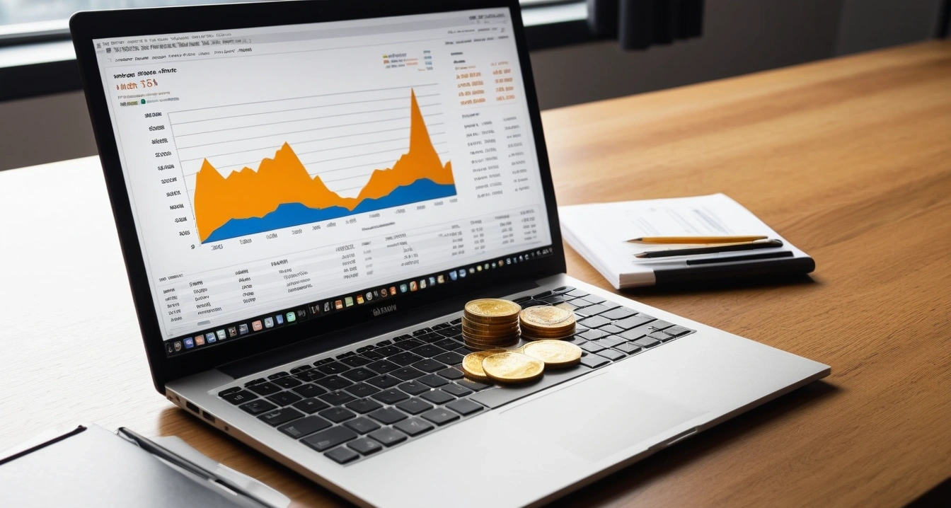 고배당주 - 리츠 및 부동산 투자 자산의 배당 성향 파악 (concept of Banknotes in an old document envelope and golden coins pouring out, a sleek modern office desk, a glowing laptop screen displaying financial charts, no people)