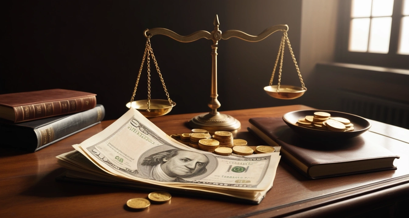 고배당주 - ISA 계좌 절세 전략 (concept of Banknotes in an old document envelope and golden coins pouring out, a classic brass balance scale of justice next to leather-bound books, no people)