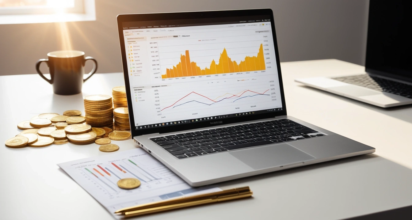고배당주 - 글로벌 배당주 펀드 수익성 평가 (concept of Banknotes in an old document envelope and golden coins pouring out, a sleek modern office desk, a glowing laptop screen displaying financial charts, no people)