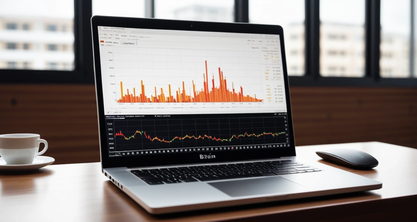 비트코인 - 비트코인 보유량 및 온체인 데이터의 함의 (concept of bitcoin, a sleek modern office desk, a glowing laptop screen displaying financial charts, no people)