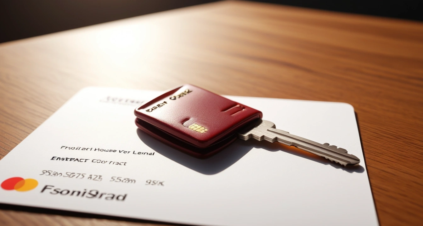 신용카드 - 스마트폰 앱 활용한 혜택 통합 관리 (concept of credit card, a shiny house key resting on a detailed contract, elegant wooden table, no people)