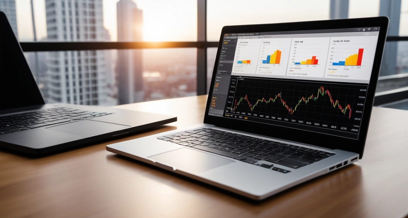 신용카드 - 신용카드 전월 실적 계산의 함정 (concept of credit card, a sleek modern office desk, a glowing laptop screen displaying financial charts, no people)