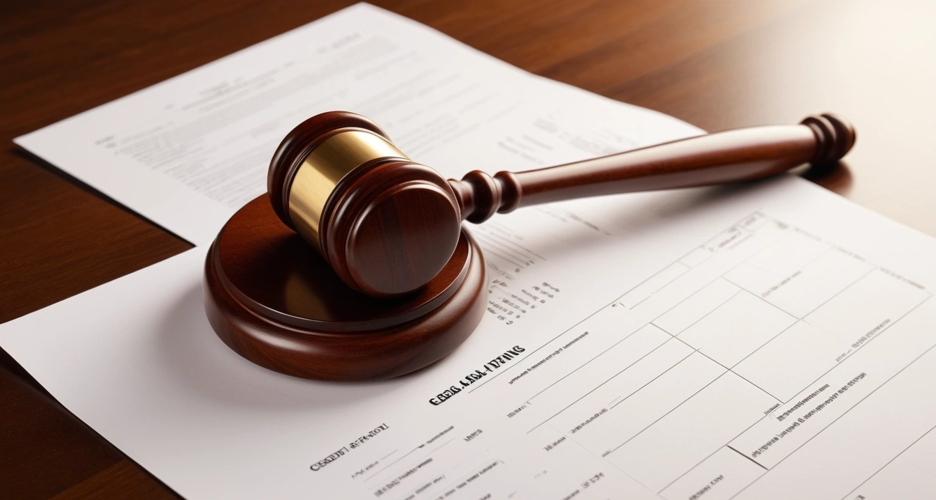 신용등급 - 금융상품 포트폴리오를 활용한 신용등급 가점 전략 (concept of credit rating, close-up of a classic brass legal gavel resting on official documents, professional lighting, no people)