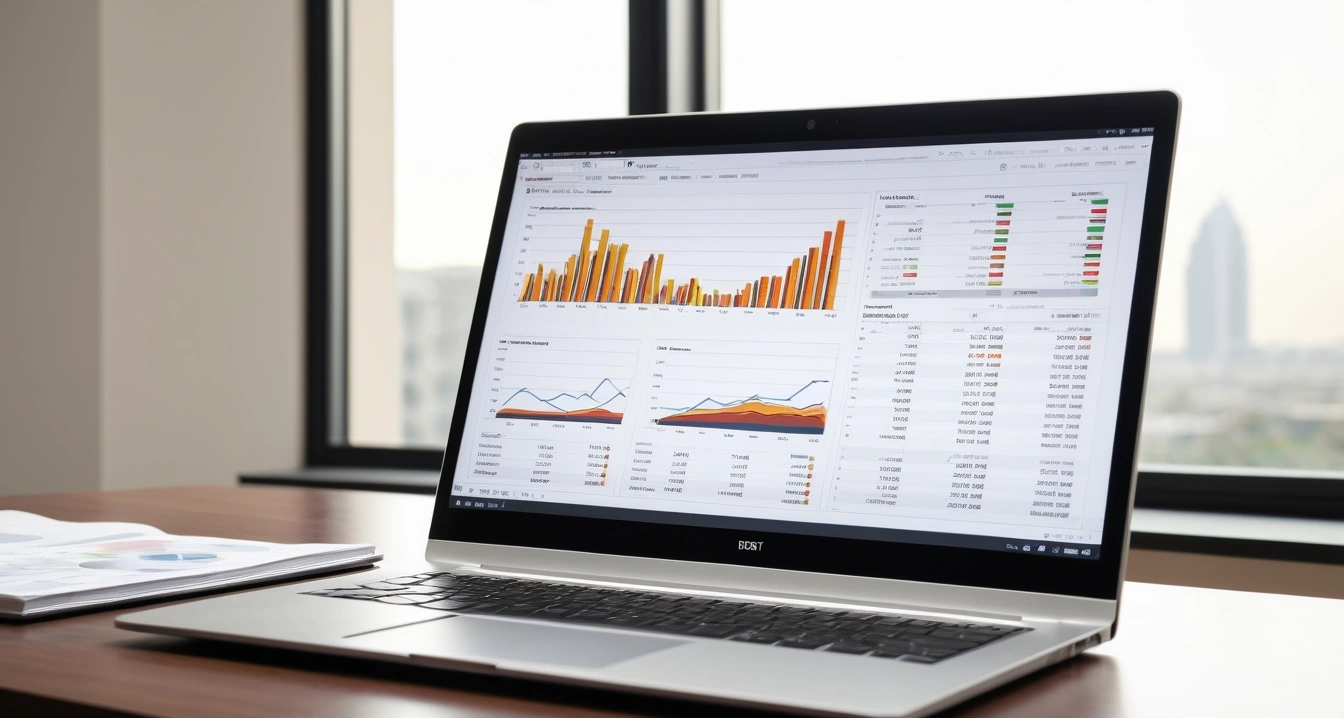 부채 관리 - 부채비율 계산 공식과 재무 건전성 (concept of debt management, a sleek modern office desk, a glowing laptop screen displaying financial charts, no people)