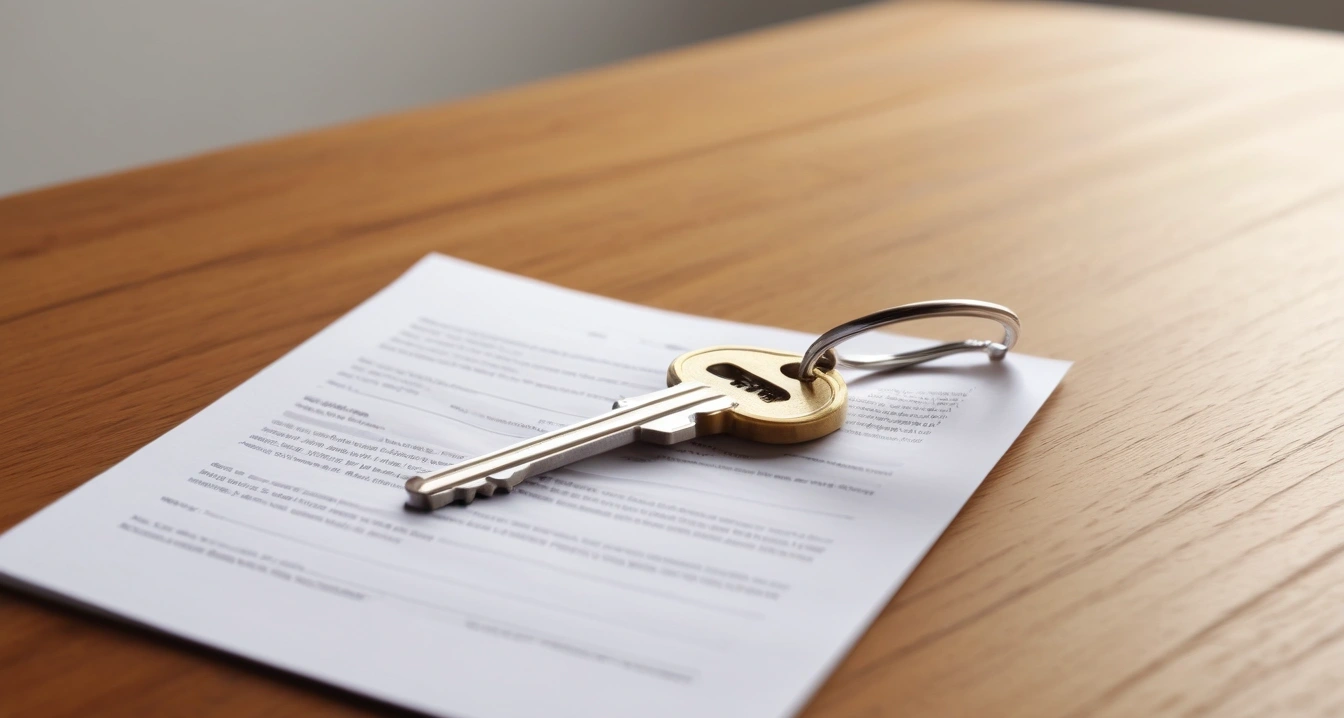 예적금 - 금융 플랫폼 애플리케이션을 활용한 금리 비교 자동화 (concept of deposit, a shiny house key resting on a detailed contract, elegant wooden table, no people)