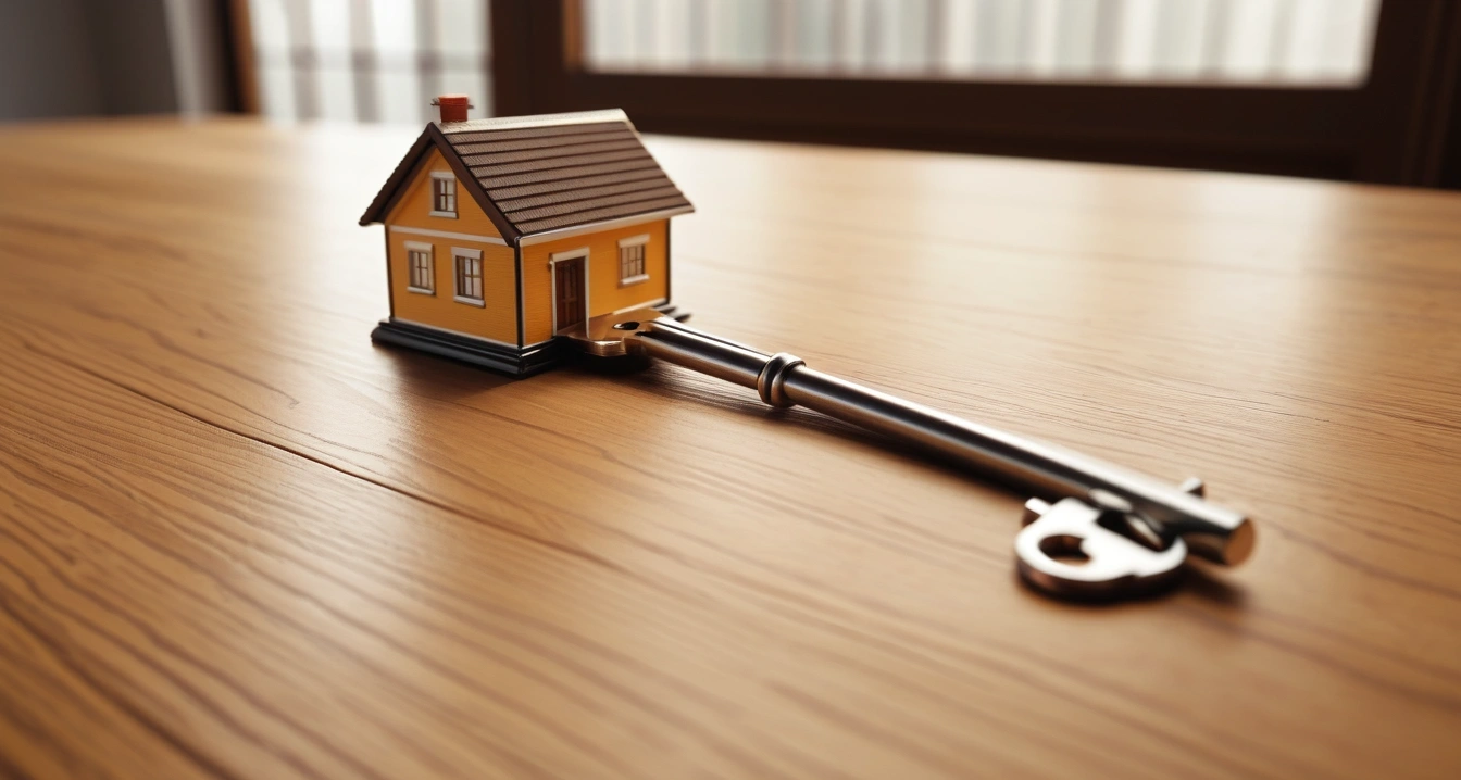 예적금 - 증권사 ISA 계좌와 예적금 상품의 수익성 비교 및 운용 전략 (concept of deposit, a shiny house key resting on a detailed contract, elegant wooden table, no people)