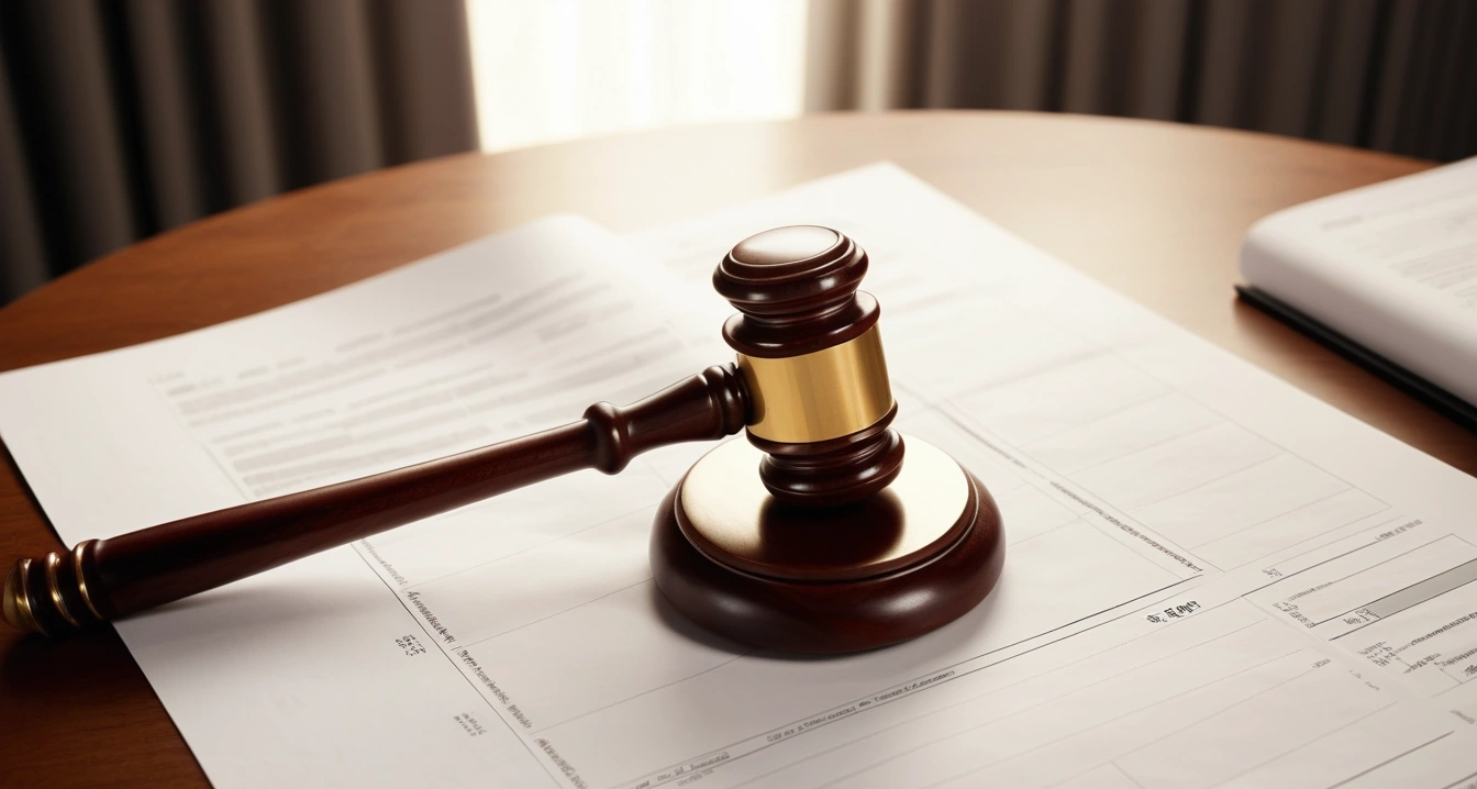 예적금 - 만기 해지 시 불이익 방지를 위한 중도해지 이율 계산기 검증 (concept of deposit, close-up of a classic brass legal gavel resting on official documents, professional lighting, no people)