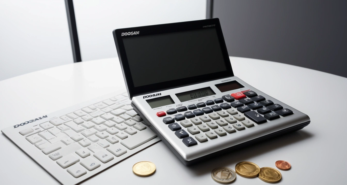 두산에너빌리티 - 종목형 ELW 투자와 파생상품 수수료 비용 절감 (concept of Doosan Energy, a neat arrangement of official forms, a modern calculator, and neat coins, finance aesthetic, no people)