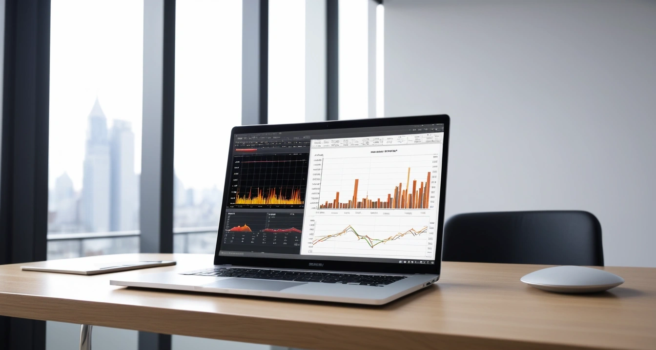 정부 금융 지원 상품 - 저신용자를 위한 신용카드 발급 지원 혜택 (concept of Government financial support products, a sleek modern office desk, a glowing laptop screen displaying financial charts, no people)