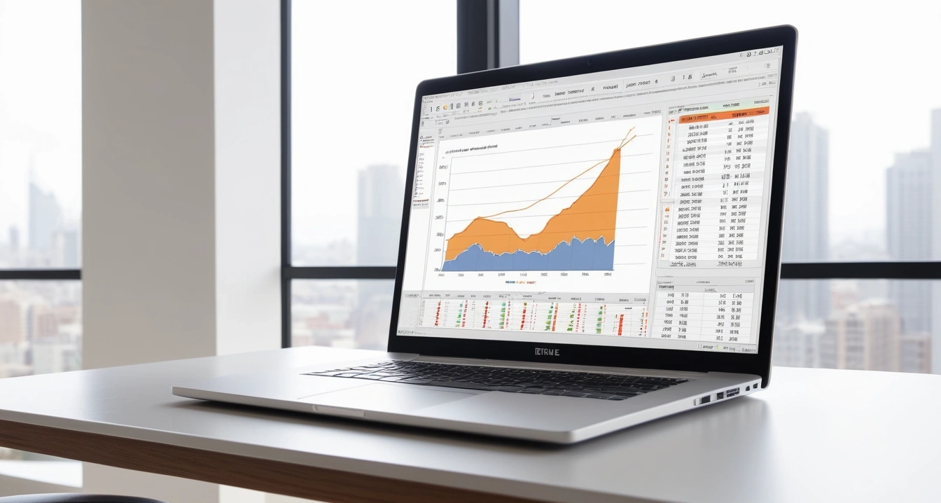 정부 금융 지원 상품 - 금융기관 협력 기반의 맞춤형 자산 형성 안내 (concept of Government financial support products, a sleek modern office desk, a glowing laptop screen displaying financial charts, no people)