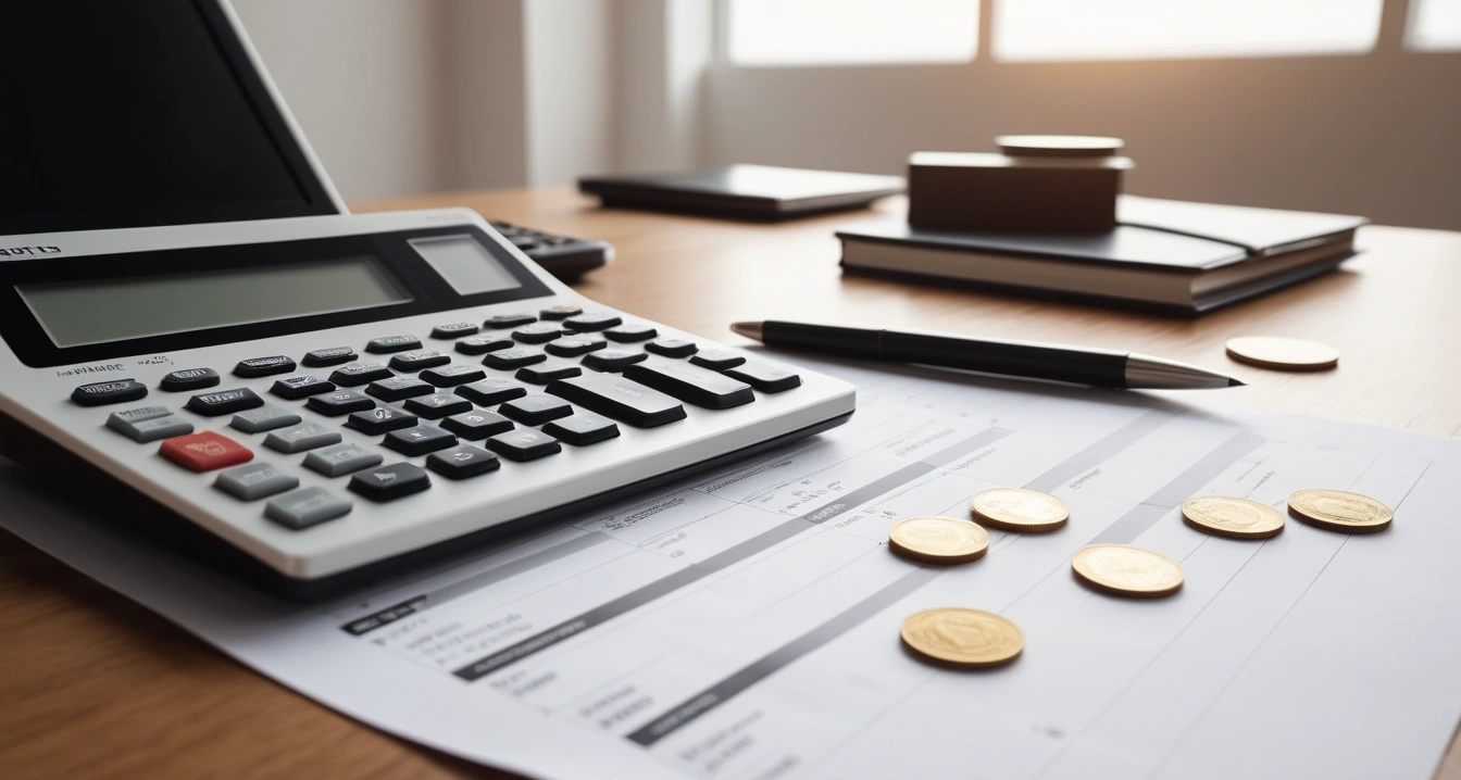 재테크 - 주택청약 및 대출 규제의 현실 (concept of Investment, a neat arrangement of official forms, a modern calculator, and neat coins, finance aesthetic, no people)