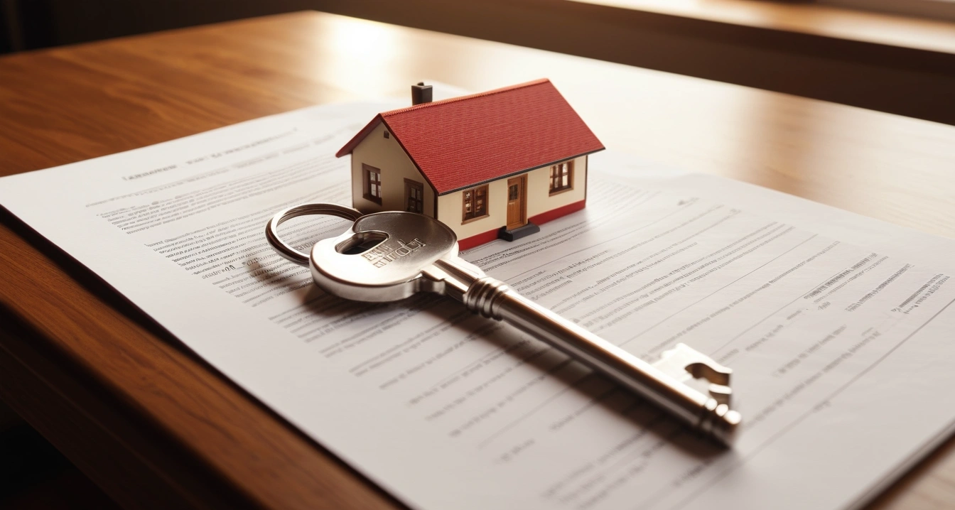 재테크 - 헬스케어 리워드와 앱테크의 소액 시드머니 창출 (concept of Investment, a shiny house key resting on a detailed contract, elegant wooden table, no people)