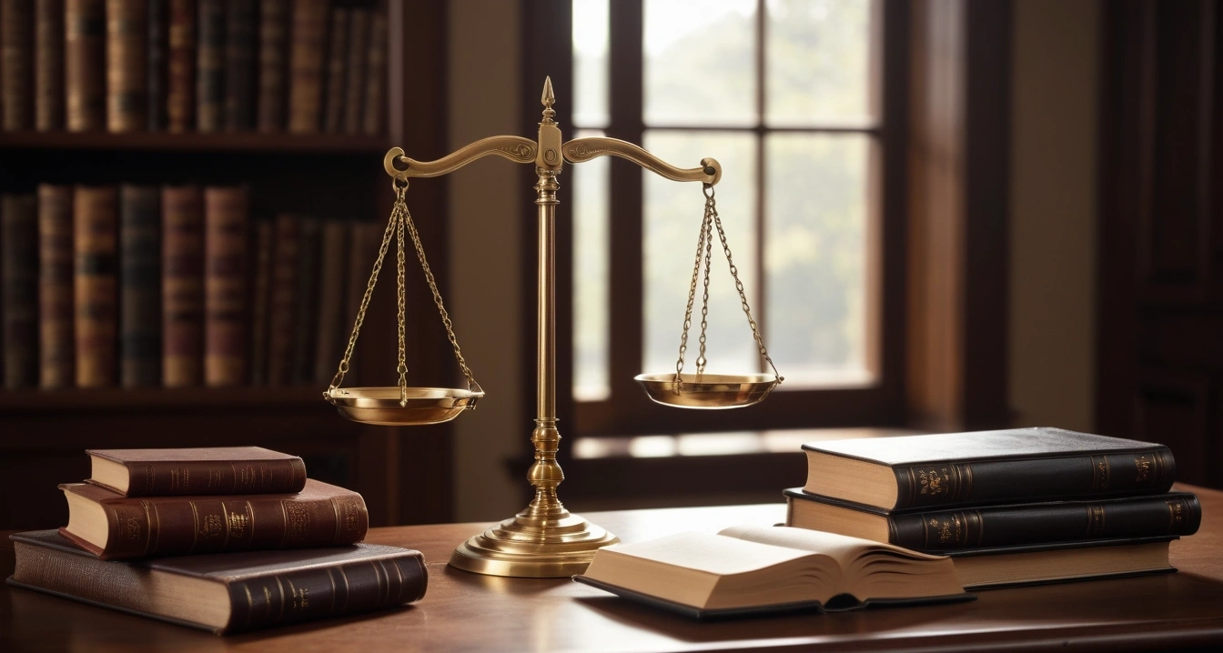 투자자 - 공포에 의한 심리적 매매와 정보 비대칭성 (concept of investor, a classic brass balance scale of justice next to leather-bound books, no people)