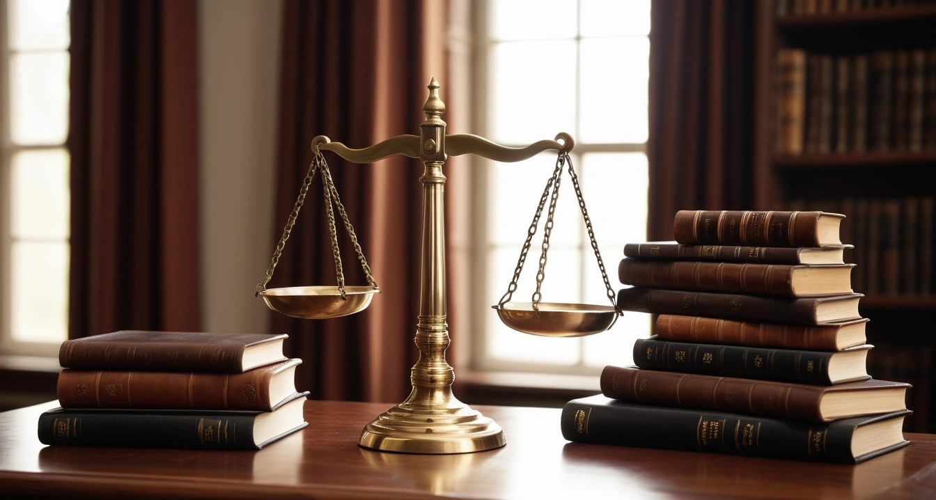 IRP - 안전자산 30% 룰과 포트폴리오 (concept of IRP, a classic brass balance scale of justice next to leather-bound books, no people)