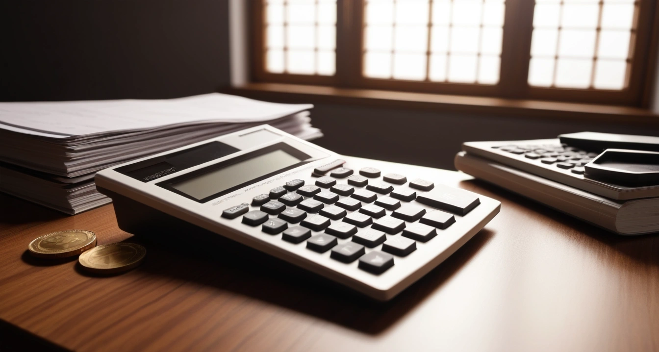 IRP - 증권사 MTS와 수수료 체계 (concept of IRP, a neat arrangement of official forms, a modern calculator, and neat coins, finance aesthetic, no people)