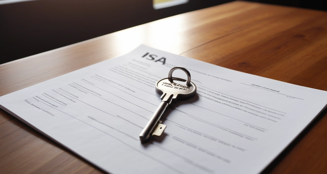 ISA계좌 - ISA 만기 자금의 연금계좌 이전 시 세액공제 혜택 극대화 (concept of ISA account, a shiny house key resting on a detailed contract, elegant wooden table, no people)