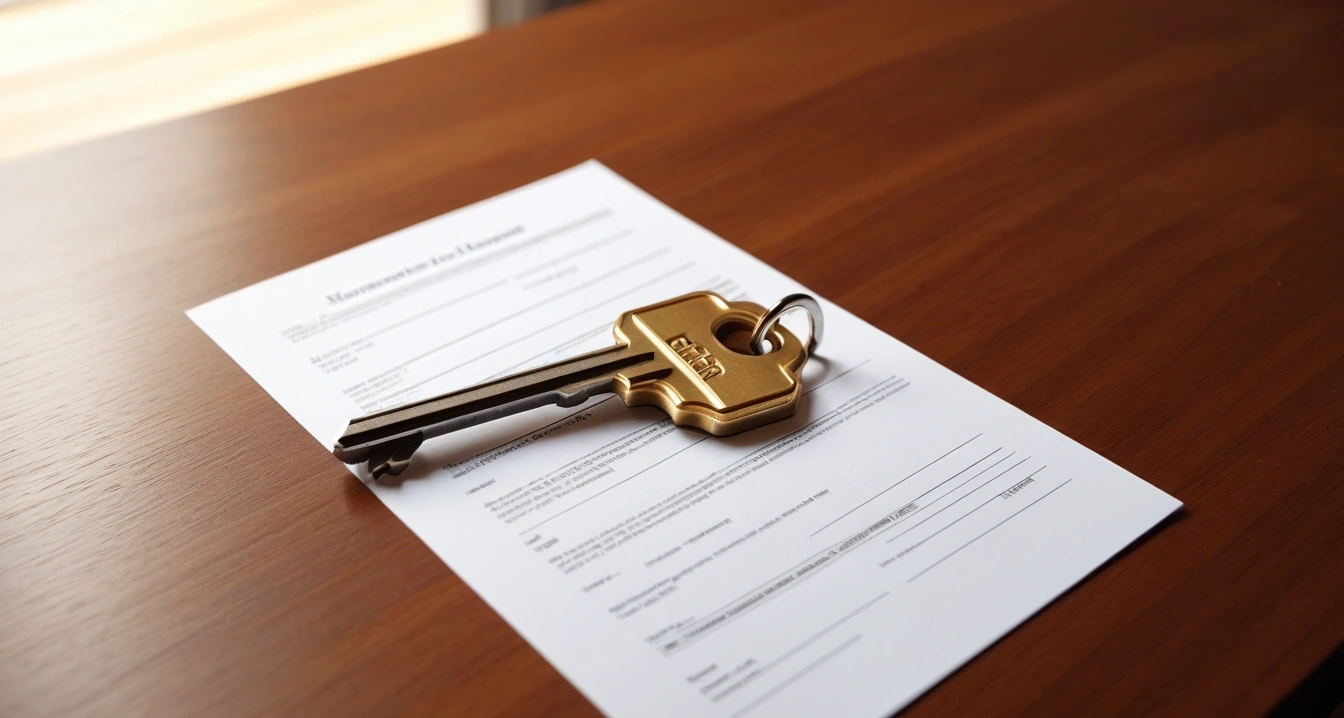사회초년생 - 신용카드 연회비와 전월 실적의 덫 (concept of Newcomer to society, a shiny house key resting on a detailed contract, elegant wooden table, no people)