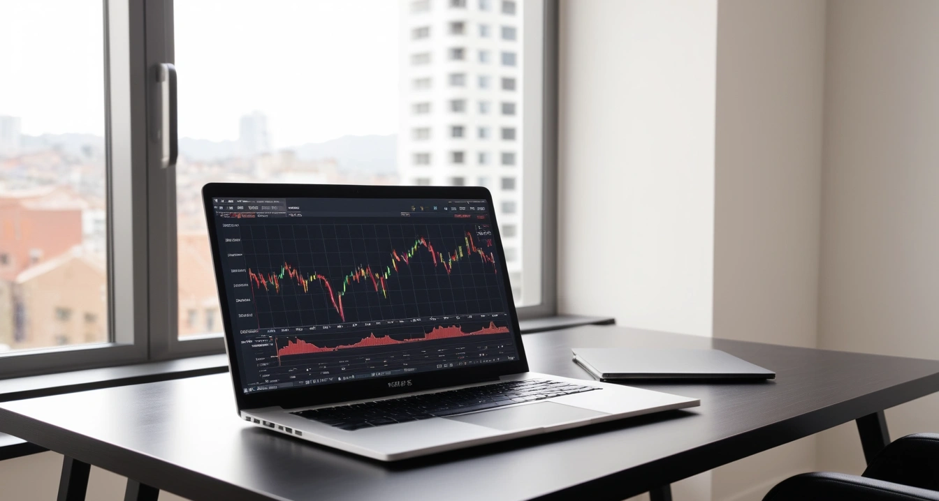 사회초년생 - 전월세 계약서와 법률적 안전장치 (concept of Newcomer to society, a sleek modern office desk, a glowing laptop screen displaying financial charts, no people)