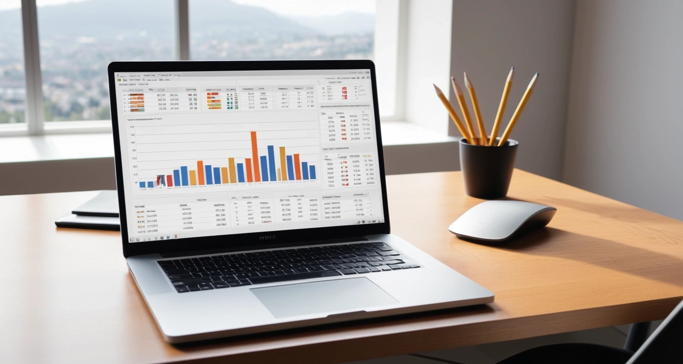사회초년생 - ETF 투자 계좌 (concept of Newcomer to society, a sleek modern office desk, a glowing laptop screen displaying financial charts, no people)