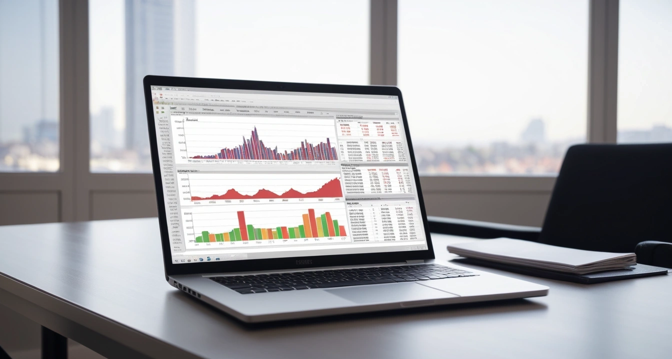 사회초년생 - 금융 앱 가짜 광고와 피싱 방어 가이드 (concept of Newcomer to society, a sleek modern office desk, a glowing laptop screen displaying financial charts, no people)