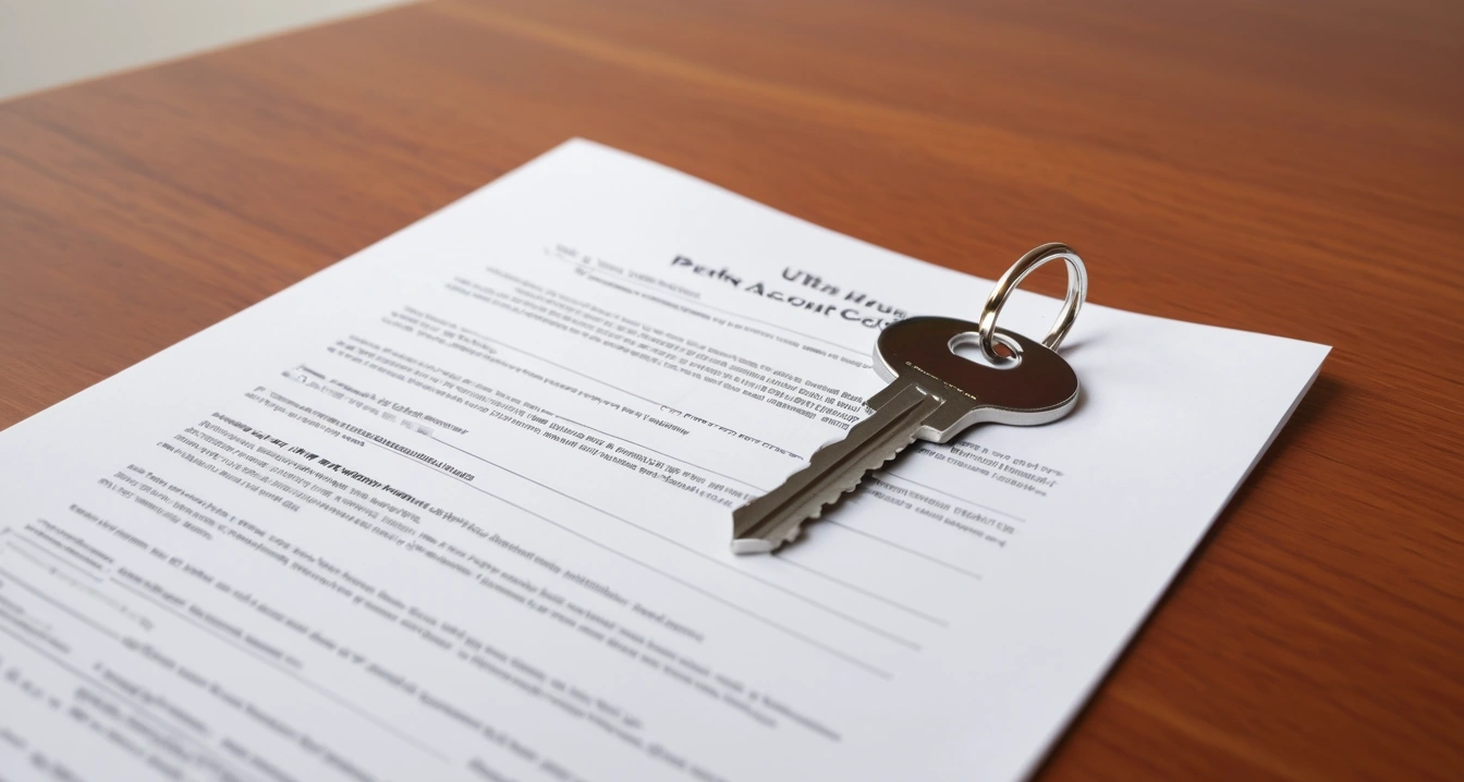파킹통장 - 파킹통장 이자 계산 및 세금 공제 주의사항 (concept of Parking account, a shiny house key resting on a detailed contract, elegant wooden table, no people)