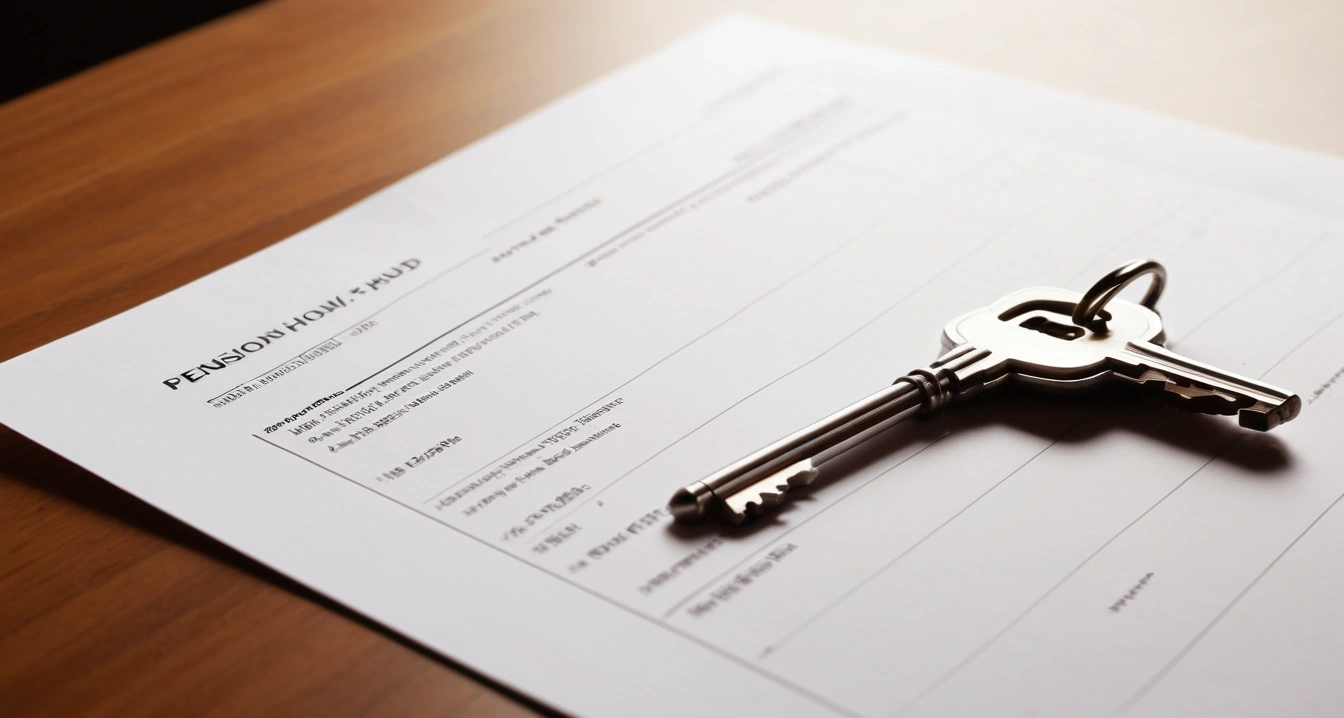 연금저축펀드 - 연금저축펀드 세액공제 한도와 환급률의 황금비율 (concept of Pension savings fund, a shiny house key resting on a detailed contract, elegant wooden table, no people)