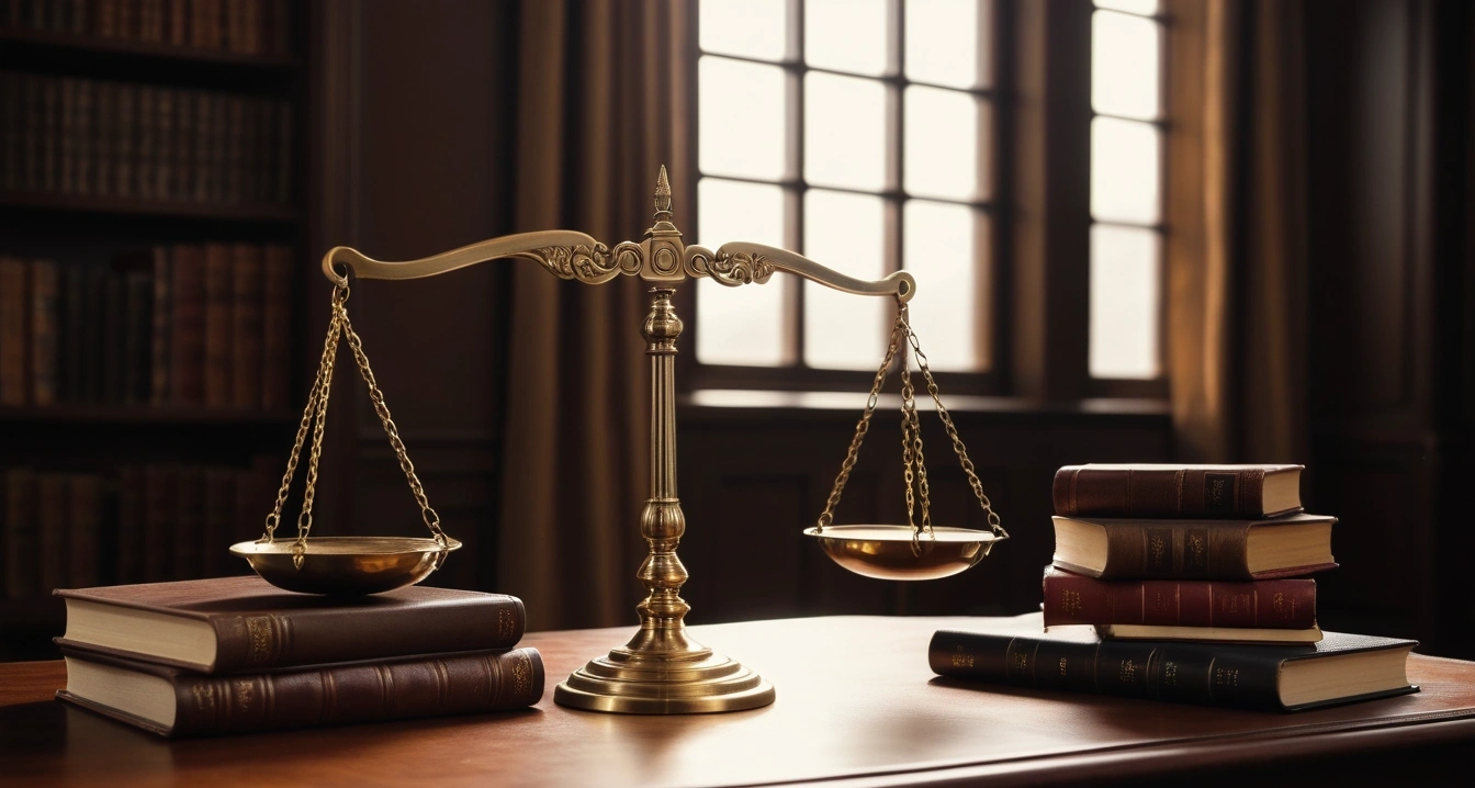 정책자금 - 정책자금 부결 원인 분석을 위한 사업계획서 검토 (concept of policy funds, a classic brass balance scale of justice next to leather-bound books, no people)