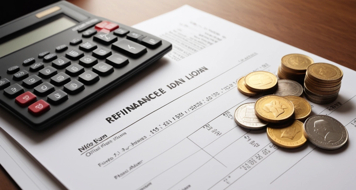 대환대출 - 대환대출 스미싱 사전 관리 및 안전 대책 (concept of Refinance loan, a neat arrangement of official forms, a modern calculator, and neat coins, finance aesthetic, no people)