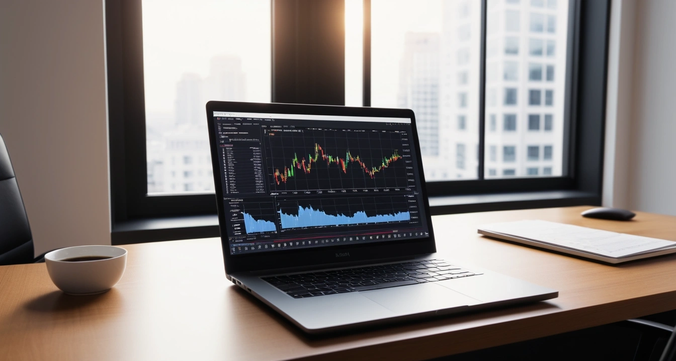 대환대출 - 금융 취약계층 정책자금 대환 혜택 (concept of Refinance loan, a sleek modern office desk, a glowing laptop screen displaying financial charts, no people)