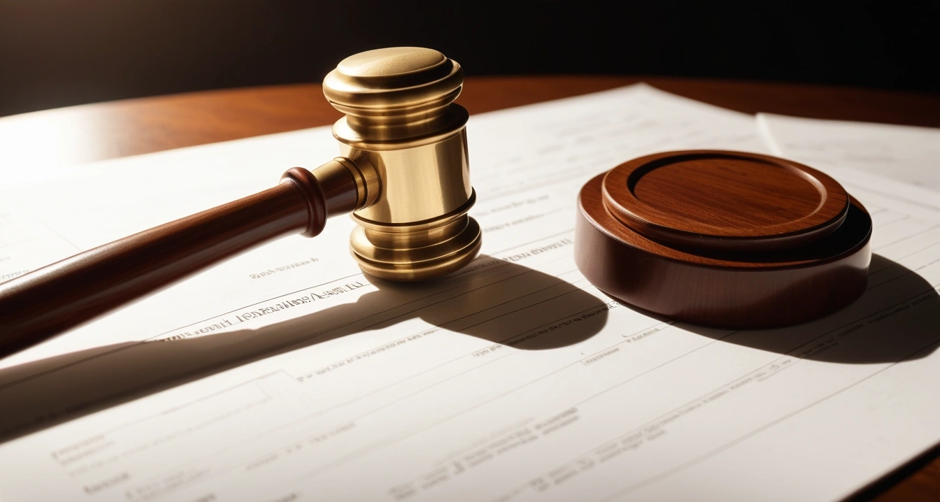 통장 쪼개기 - 파킹통장 및 비상금통장 활용을 통한 자산 효율화 (concept of splitting bank account, close-up of a classic brass legal gavel resting on official documents, professional lighting, no people)