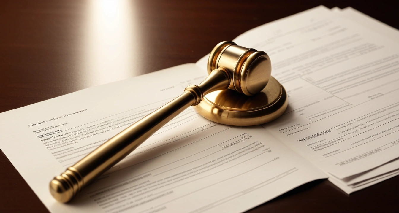 청약 - 분양 대금 납부 계획과 자금 조달의 현실 (concept of subscription, close-up of a classic brass legal gavel resting on official documents, professional lighting, no people)