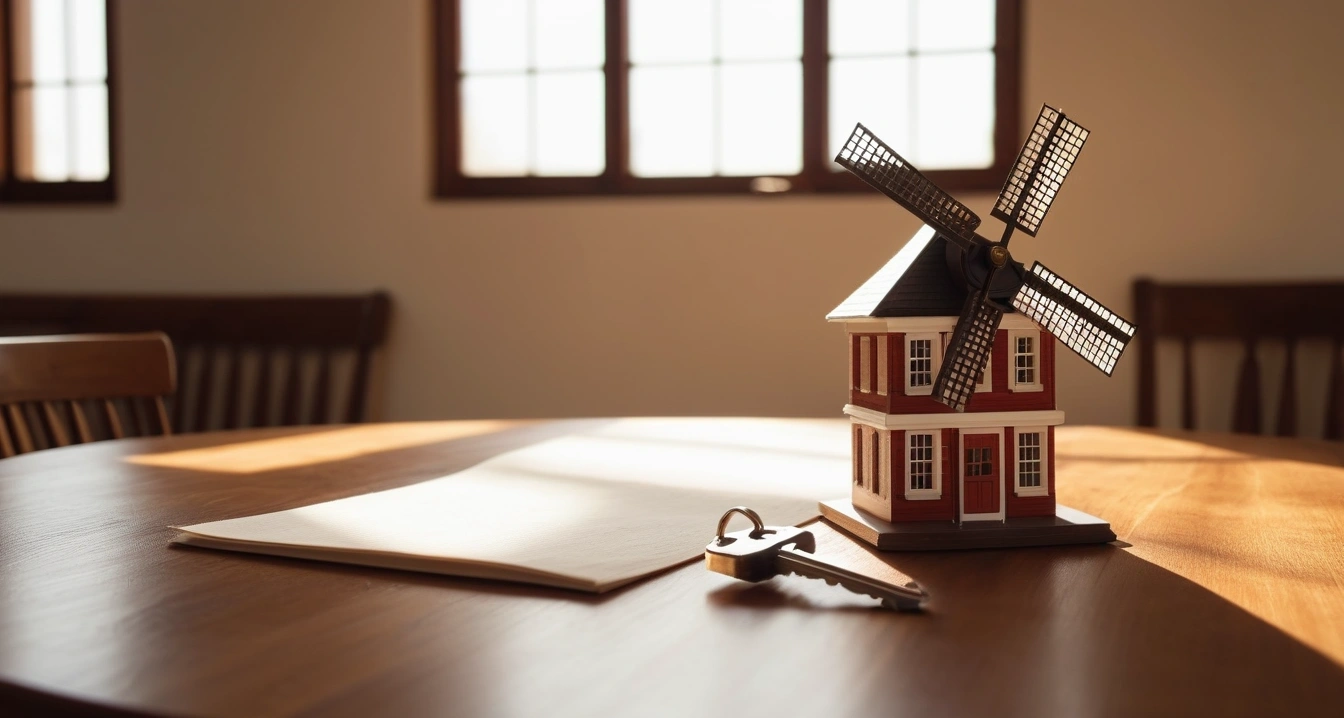 풍차돌리기 - 중도 해지 위기 시 선택하는 예적금 담보대출 활용법 (concept of Turning the windmill, a shiny house key resting on a detailed contract, elegant wooden table, no people)