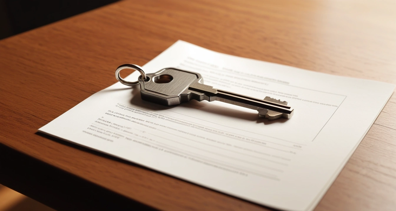 무순위 청약 - 무순위 청약 공고문 분석 전략 (concept of Unranked subscription, a shiny house key resting on a detailed contract, elegant wooden table, no people)
