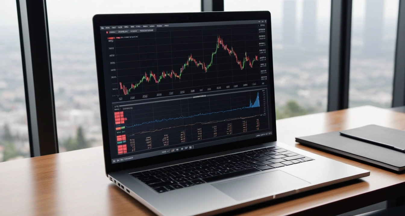 무순위 청약 - 임의공급 선정 확률 최적화 (concept of Unranked subscription, a sleek modern office desk, a glowing laptop screen displaying financial charts, no people)