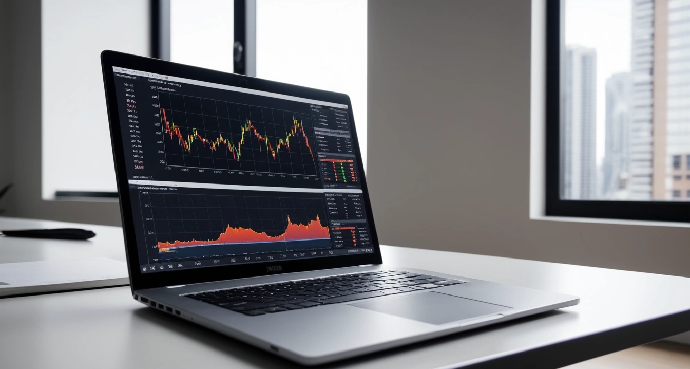 미국 ETF - 미국 ETF의 보이지 않는 세금과 운용보수 (concept of US ETFs, a sleek modern office desk, a glowing laptop screen displaying financial charts, no people)