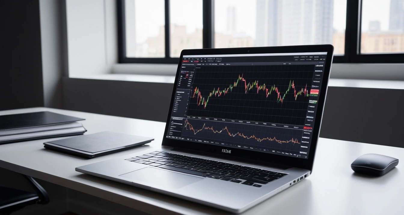 미국 ETF - ETF 순자산총액(AUM)과 거래량의 상관관계 (concept of US ETFs, a sleek modern office desk, a glowing laptop screen displaying financial charts, no people)