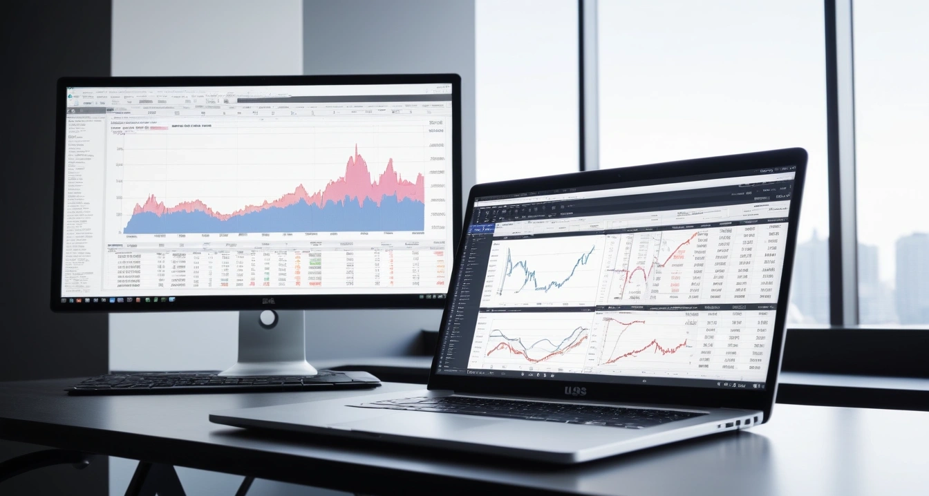 미국 주식 시장 - 미국 배당주 ETF를 활용한 현금 흐름 방어 (concept of us stock market, a sleek modern office desk, a glowing laptop screen displaying financial charts, no people)