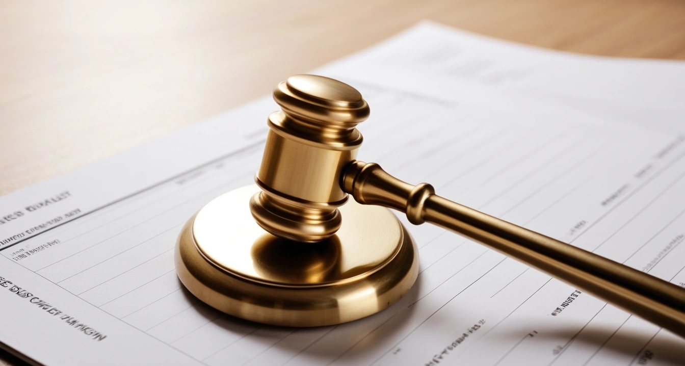 미국 주식 시장 - 미국 증시 하락장에서의 정기적인 리밸런싱 프로세스 (concept of us stock market, close-up of a classic brass legal gavel resting on official documents, professional lighting, no people)