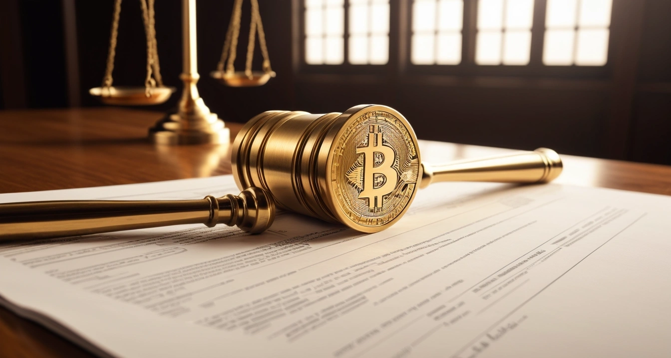 가상화폐 - 가상자산 이용자 보호법과 법적 안전망 (concept of virtual currency, close-up of a classic brass legal gavel resting on official documents, professional lighting, no people)