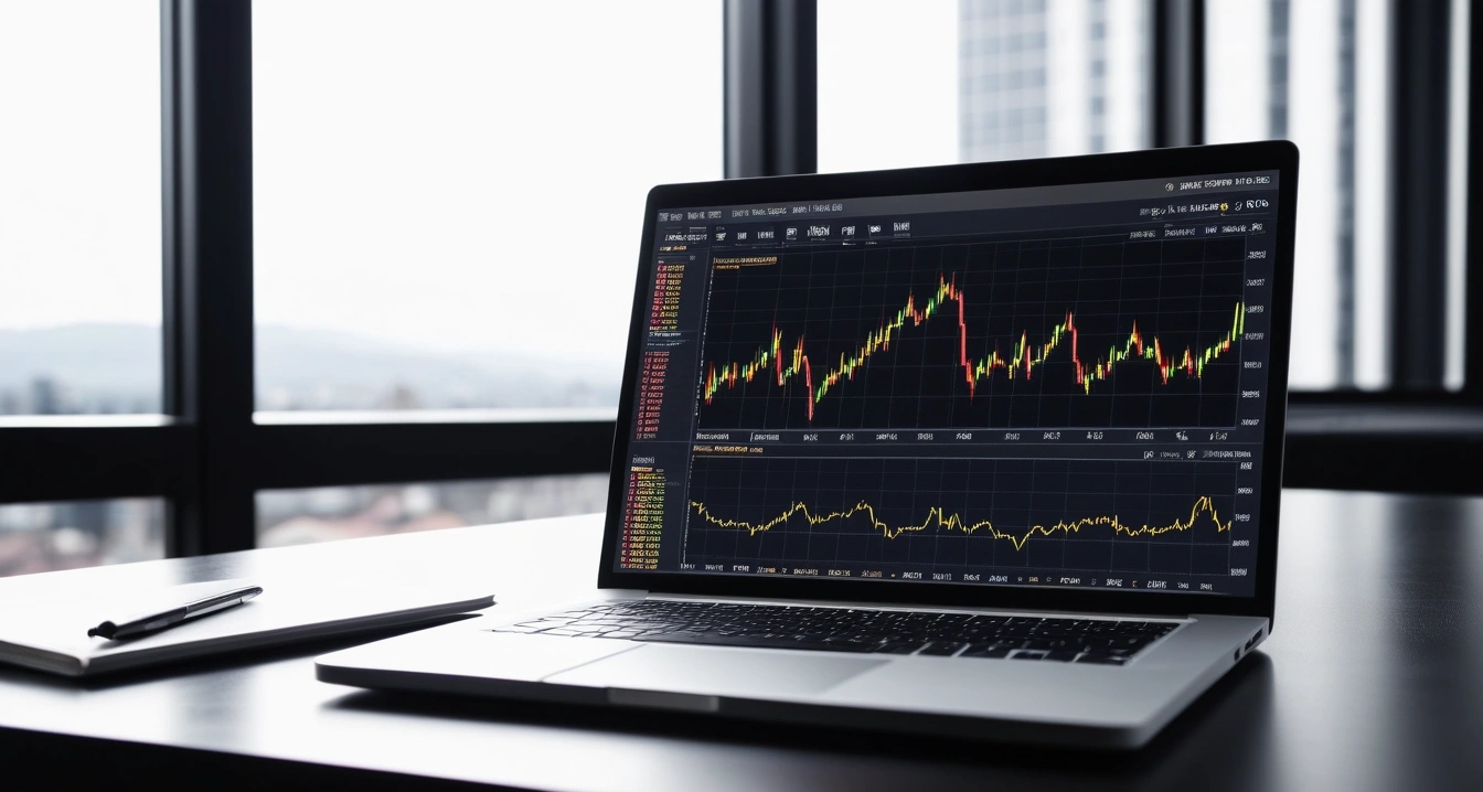 가상화폐 거래소 - 피싱 사이트 판별을 위한 거래소 공식 도메인 및 앱 검증 (concept of virtual currency exchange, a sleek modern office desk, a glowing laptop screen displaying financial charts, no people)