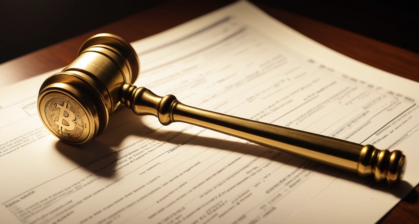 가상화폐 거래소 - 콜드월렛 하드웨어 지갑을 활용한 자산 분리 전략 (concept of virtual currency exchange, close-up of a classic brass legal gavel resting on official documents, professional lighting, no people)