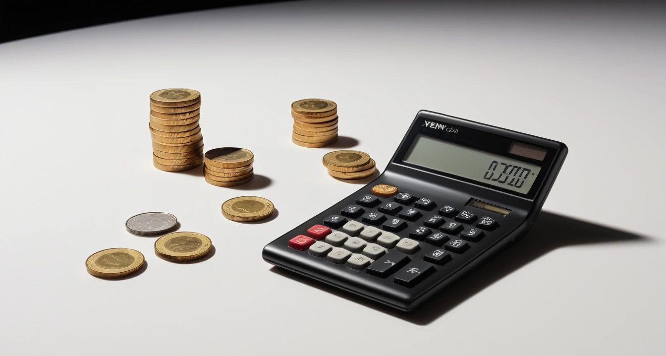 엔화 - 엔화 스테이블코인 및 금융 파생상품의 투자 위험 (concept of yen, a neat arrangement of official forms, a modern calculator, and neat coins, finance aesthetic, no people)