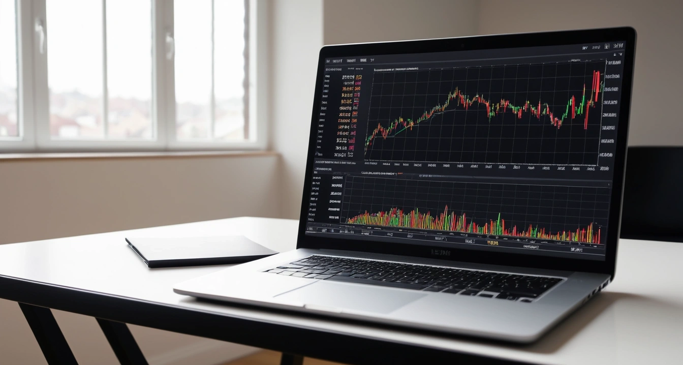 청년도약계좌 - 절세 계산기 활용을 통한 금융 자산 효율화 (concept of Youth Leap Account, a sleek modern office desk, a glowing laptop screen displaying financial charts, no people)