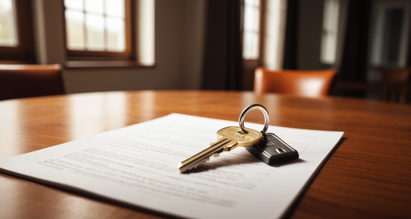 청년 특례 대출 - 신생아 특례 대출의 소득 및 자산 가이드라인 (concept of Youth special loan, a shiny house key resting on a detailed contract, elegant wooden table, no people)